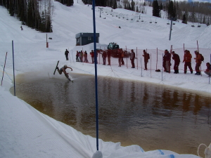 Skier crosses pond - almost
